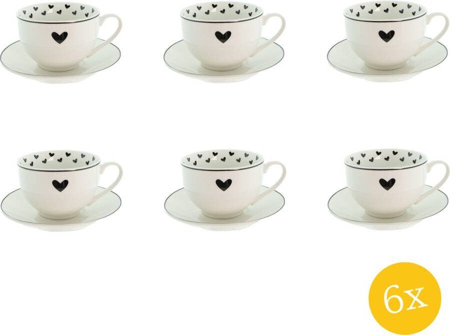 Clayre & Eef Kop en schotel set van 6 stuks schotel 220 ml Wit Zwart Porselein Harten Servies