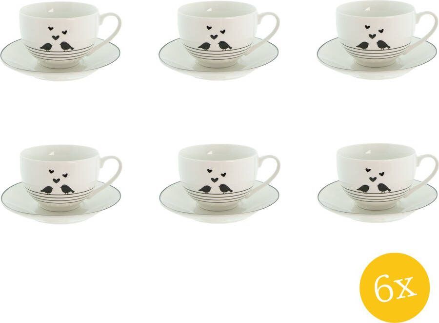 Clayre & Eef Kop en schotel set van 6 stuks schotel 220 ml Wit Zwart Porselein Harten Vogels Servies
