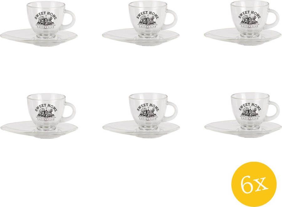 Clayre & Eef Kop en schotel set van 6 stuks schotel 230 ml Glas Sweet Home Servies