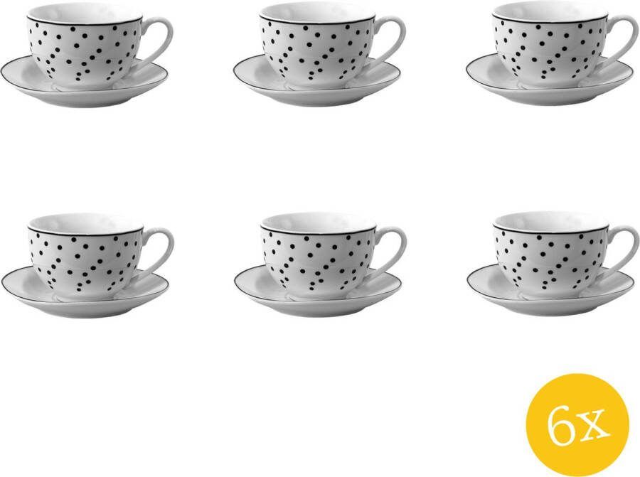 Clayre & Eef Kop en schotel set van 6 stuks schotel 238 ml Wit Zwart Porselein Servies