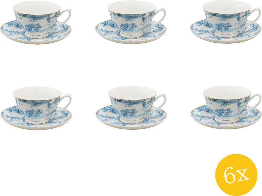 Clayre & Eef Kop en schotel set van 6 stuks schotel 250 ml Blauw Wit Porselein Servies