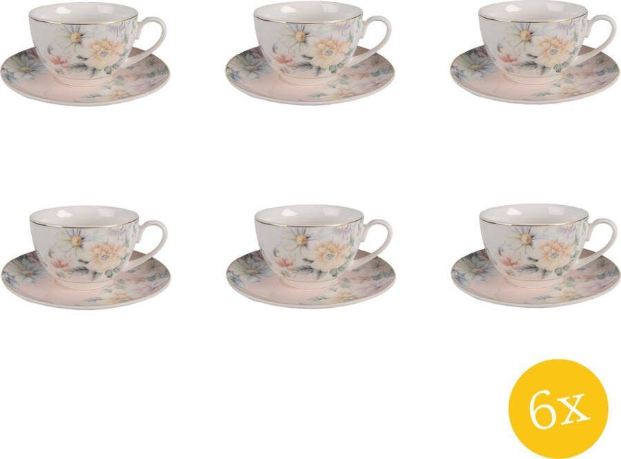 Clayre & Eef Kop en schotel set van 6 stuks schotel 250 ml Roze Wit Porselein Bloemen Servies