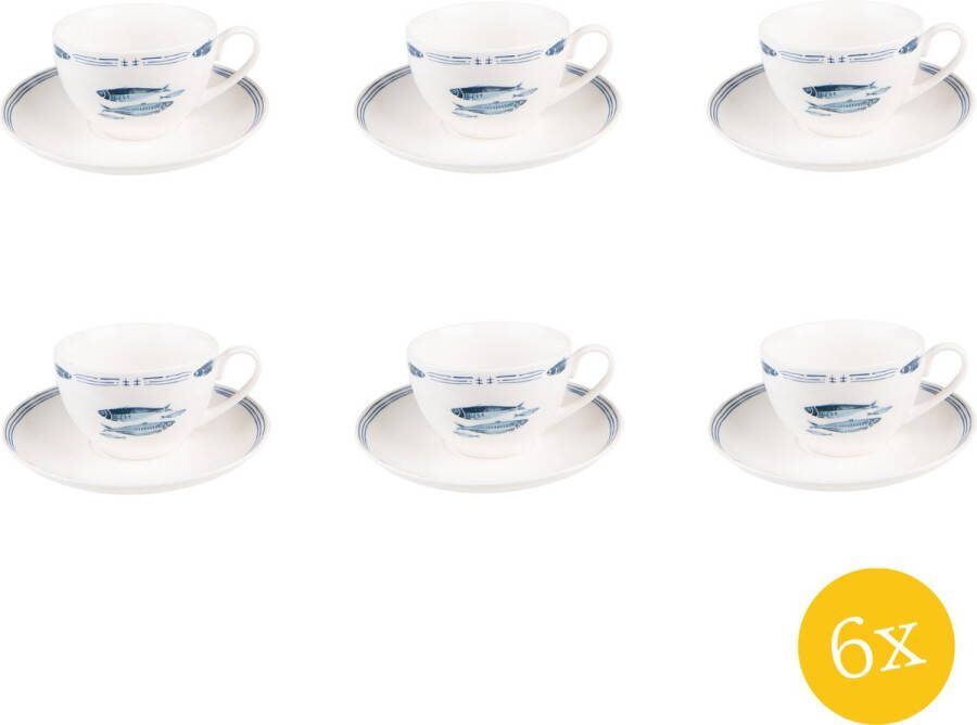 Clayre & Eef Kop en schotel set van 6 stuks schotel 250 ml Wit Blauw Porselein Vissen Servies