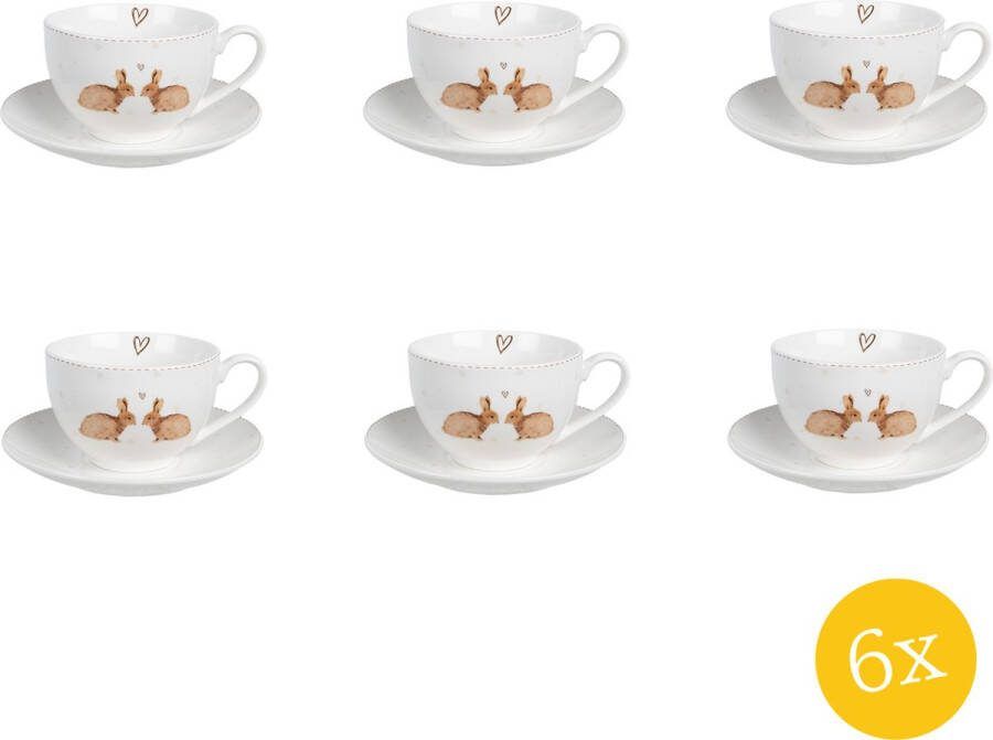 Clayre & Eef Kop en Schotel set van 6 stuks Schotel 250 ml Wit Bruin Porselein