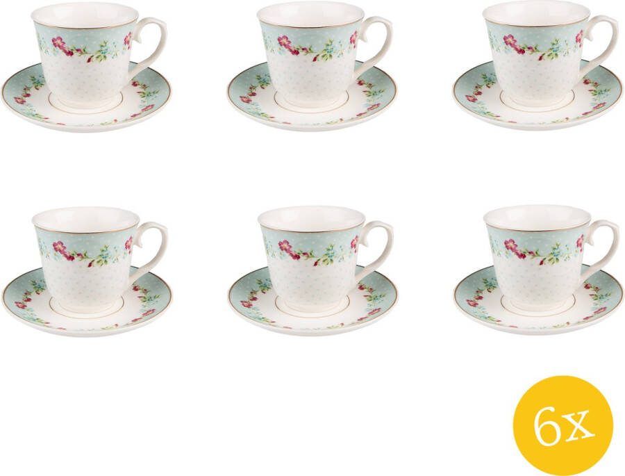 Clayre & Eef Kop en schotel set van 6 stuks schotel 250 ml Wit Groen Porselein Bloemen Servies