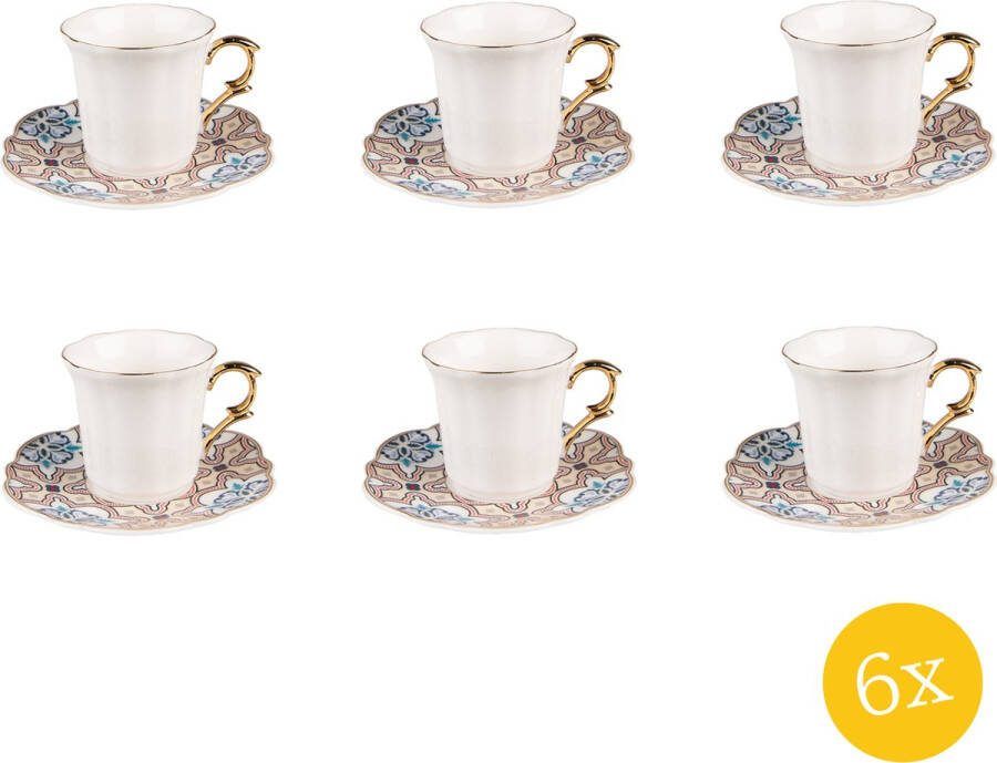 Clayre & Eef Kop en schotel set van 6 stuks schotel 95 ml Wit Beige Porselein Servies