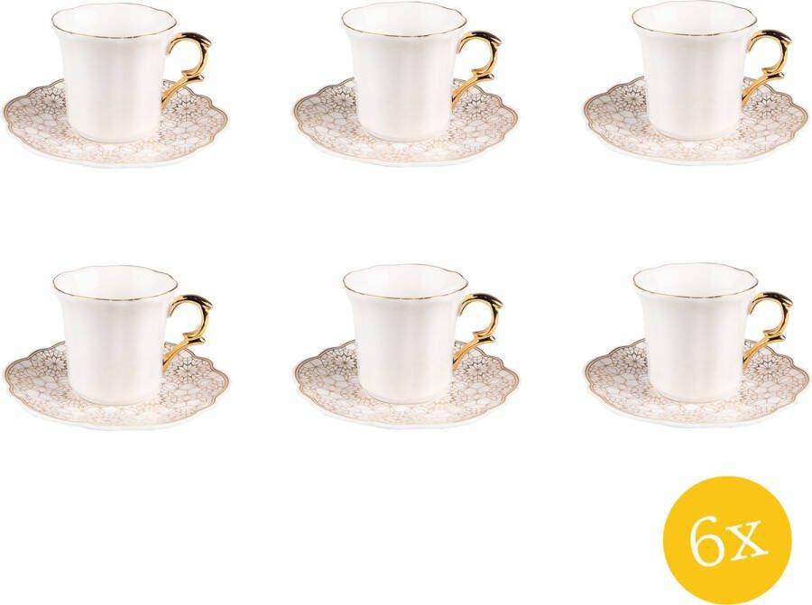 Clayre & Eef Kop en schotel set van 6 stuks schotel 95 ml Wit Goudkleurig Porselein Servies