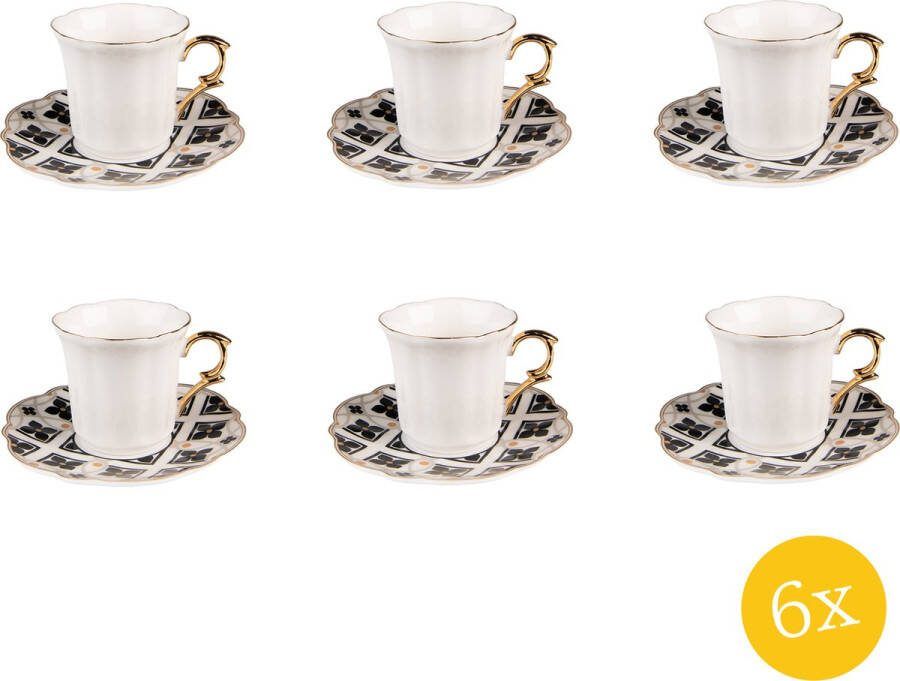 Clayre & Eef Kop en schotel set van 6 stuks schotel 95 ml Wit Zwart Porselein Servies