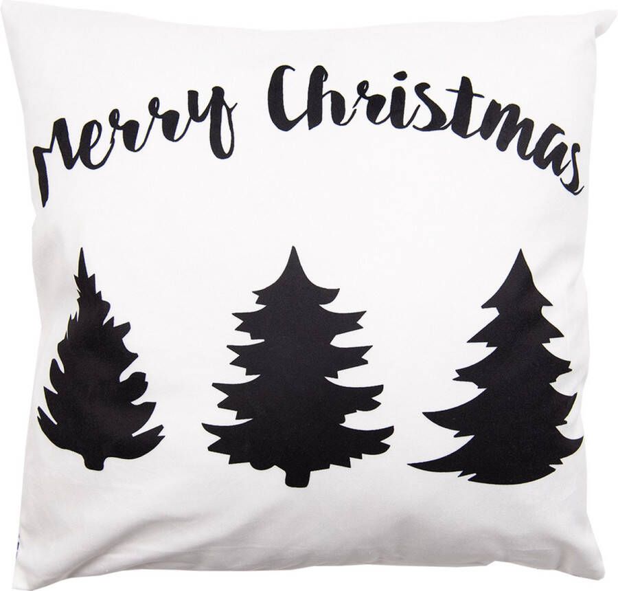 Clayre & Eef Kussenhoes 45x45 cm Wit Zwart Polyester Vierkant Kerstboom Merry Christmas Sierkussenhoes Kussen hoes
