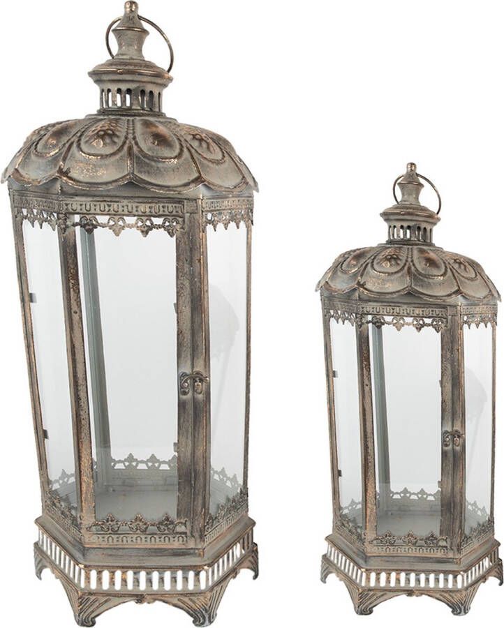 Clayre & Eef Lantaarns Set van 2 62 cm Goudkleurig Metaal Glas Kaarsenhouder Sfeerverlichting
