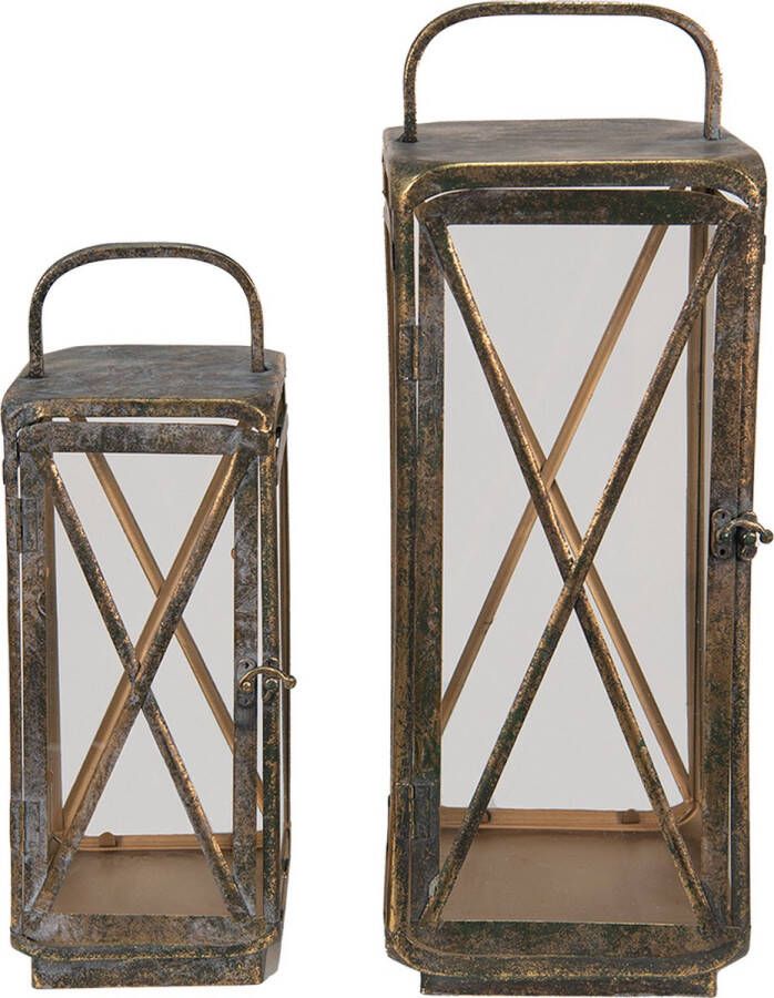 Clayre & Eef Lantaarns Set van 2 Set van 2 21*21*55 16*16*41 cm Koperkleurig Ijzer Glas Kaarsenhouder Sfeerverlichting