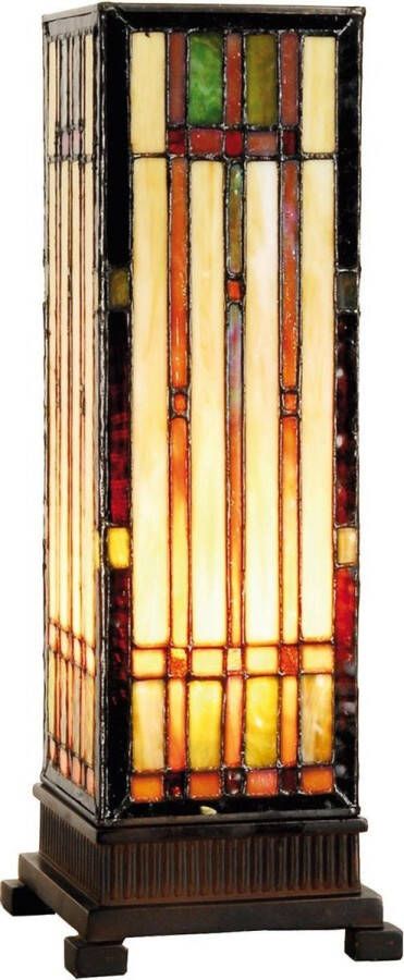 Clayre & Eef LumiLamp Tiffany Tafellamp 12*12*35 cm E14 max 1*40W Bruin Beige Glas in lood Rechthoek Art Deco Tiffany Bureaulamp Tiffany Lampen