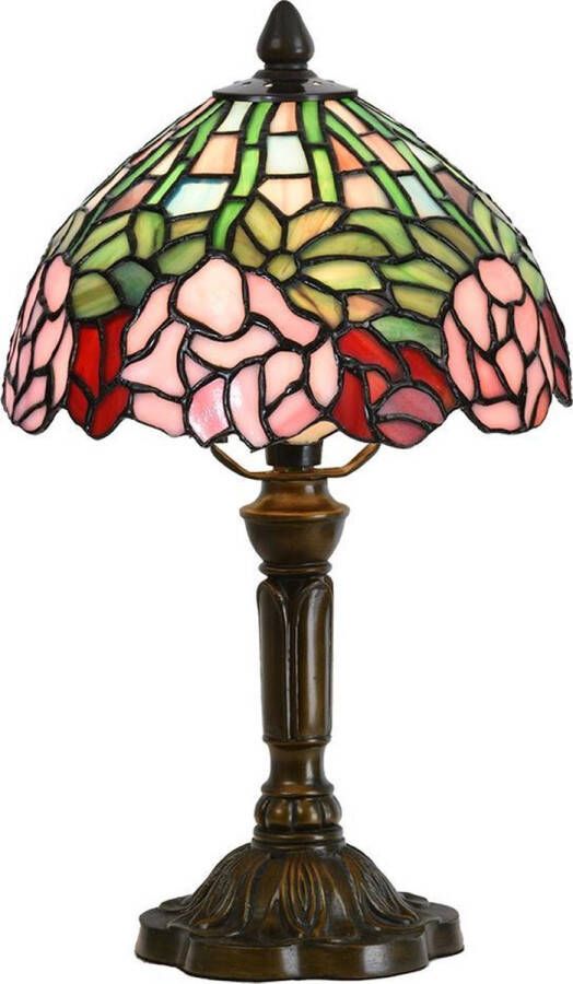 Clayre & Eef LumiLamp Tiffany Tafellamp Ø 21x39 cm Groen Roze Glas Bloemen Tiffany Bureaulamp Tiffany Lampen