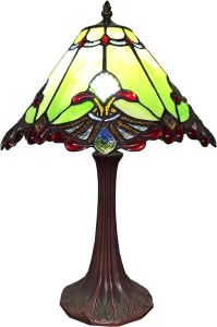 Clayre & Eef LumiLamp Tiffany Tafellamp Ø 31*49 cm E27 max 1*60W Groen Rood Glas Kunststof Tiffany Bureaulamp Tiffany Lampen