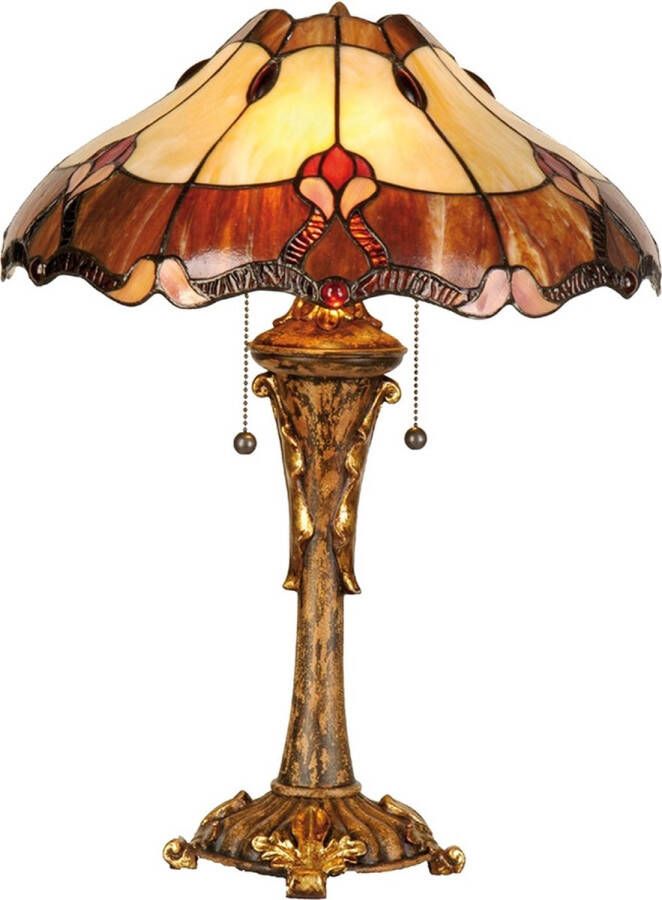 Clayre & Eef LumiLamp Tiffany Tafellamp Ø 40*53 cm Rood Beige Glas Driehoek Tiffany Bureaulamp Tiffany Lampen Glas in Lood