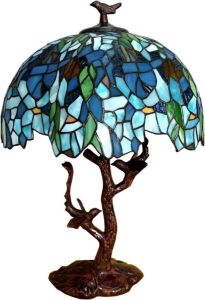 Clayre & Eef LumiLamp Tiffany Tafellamp Ø 42*49 cm E27 max 2*60W Blauw Kunststof Glas Bloemen Tiffany Bureaulamp Tiffany Lampen