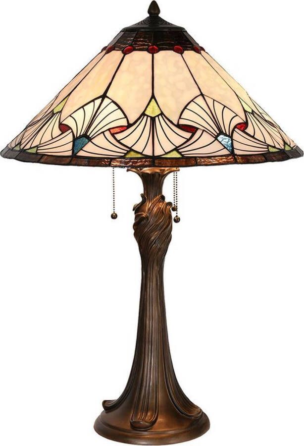 Clayre & Eef LumiLamp Tiffany Tafellamp Ø 51*78 cm E27 max 2*40W Beige Blauw Glas in lood Driehoek Tiffany Bureaulamp Tiffany Lampen Tiffany BureaulampTiffany Lampen