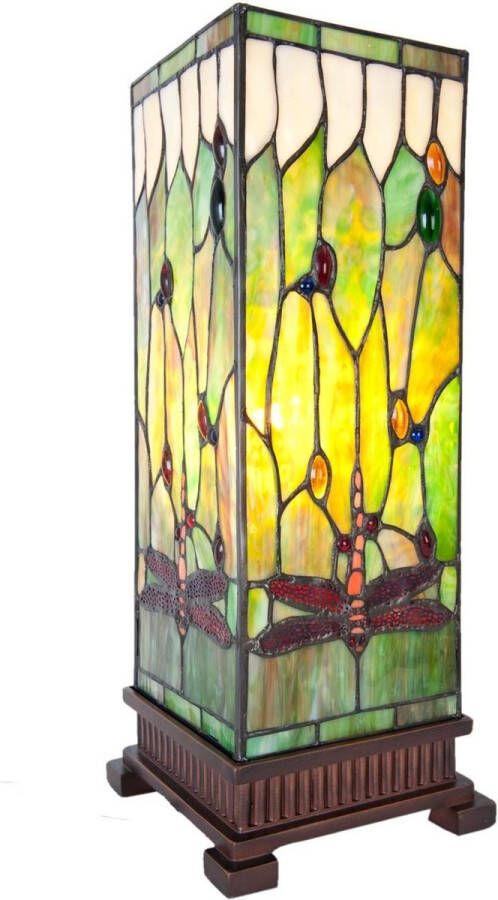 Clayre & Eef LumiLamp Tiffany Tafellamp 18x18x45 cm Groen Bruin Glas Vierkant Libelle Tiffany Bureaulamp Groen Tiffany Bureaulamp