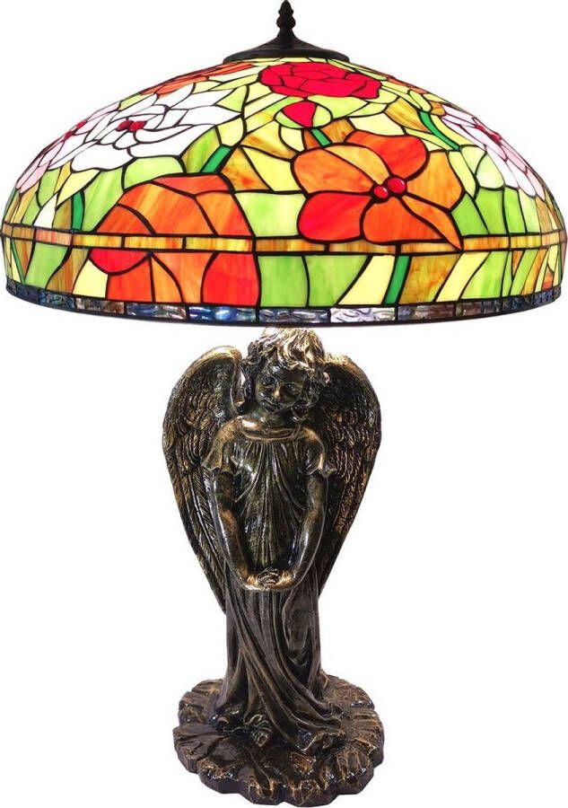 Clayre & Eef LumiLamp Tiffany Tafellamp Ø 55*85 cm Meerkleurig Glas in lood Roos Tiffany Bureaulamp Tiffany Lampen Tiffany BureaulampTiffany Lampen