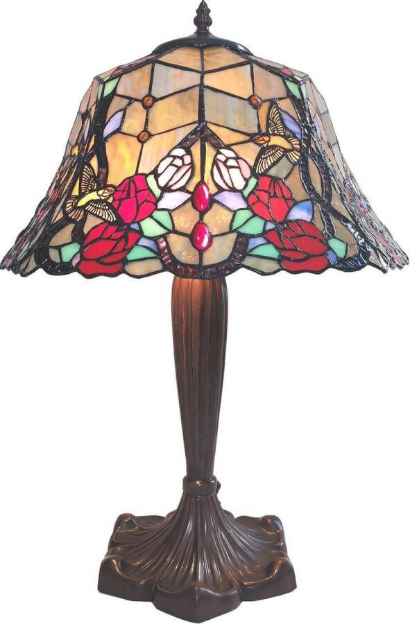 Clayre & Eef LumiLamp Tiffany Tafellamp Ø 41*57 cm Meerkleurig Glas in lood Bloemen Tiffany Bureaulamp Tiffany Lampen Tiffany BureaulampTiffany Lampen