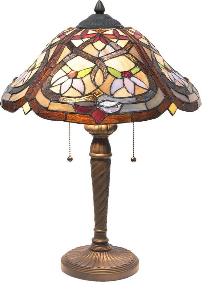 Clayre & Eef LumiLamp Tiffany Tafellamp Ø 40*54 cm E27 2*60W Meerkleurig Glas in lood Tiffany Bureaulamp Tiffany Lampen Tiffany BureaulampTiffany Lampen