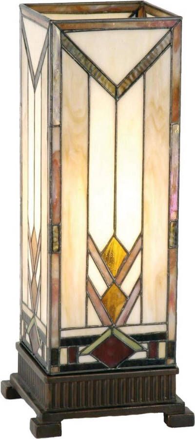Clayre & Eef LumiLamp Tiffany Tafellamp 18*18*45 cm E27 max 1*60W Beige Geel Glas in lood Rechthoek Art Deco Tiffany Bureaulamp Tiffany Lampen