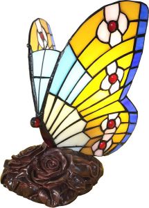 Clayre & Eef Lumilamp Tiffany Tafellamp Vlinder 17x15x24 Cm Geel Kunststof Glas Tiffany Bureaulamp Tiffany Lampen Glas In Lood Geel