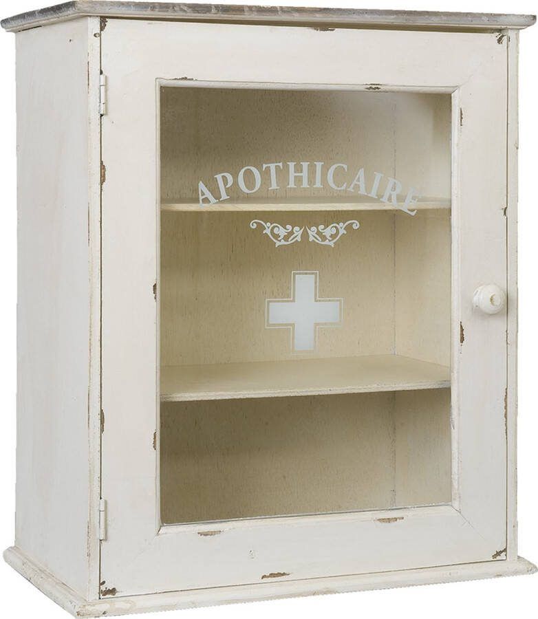 Clayre & Eef Medicijnkastje 47x27x55 cm Wit Hout Glas Rechthoek Badkamerkast Hangend