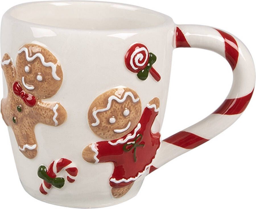 Clayre & Eef Mok 325 ml Wit Rood Keramiek Gingerbread man Drinkbeker Wit Drinkbeker