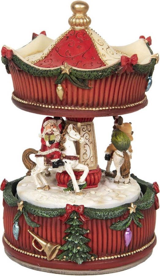 Clayre & Eef Muziekdoos Draaimolen Ø 11x17 cm Rood Kunststof Kerstdecoratie Beeld Decoratief Figuur Decoratieve Accessoires