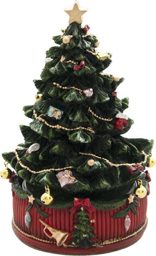 Clayre & Eef Muziekdoos Kerstboom Ø 12*18 cm Groen Bruin Kunststof Kerstdecoratie Beeld Decoratief Figuur Decoratieve Accessoires
