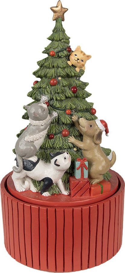 Clayre & Eef Muziekdoos Kerstboom Ø 14x27 cm Groen Rood Polyresin Kerstdecoratie