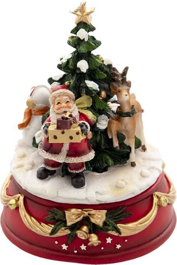 Clayre & Eef Muziekdoos Kerstman Ø 10x14 cm Rood Groen Kunststof Kerstdecoratie Beeld Decoratief Figuur Decoratieve Accessoires