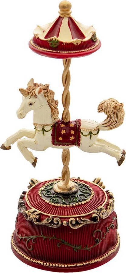 Clayre & Eef Muziekdoos Paard Ø 9x21 cm Rood Kunststof Kerstdecoratie Beeld Decoratief Figuur Decoratieve Accessoires