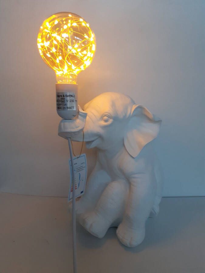 Clayre & Eef Olifanten beeld witte olifant als tafellamp inclusief een decoratie lamp van Clayre&Eef 45x25x27 cm