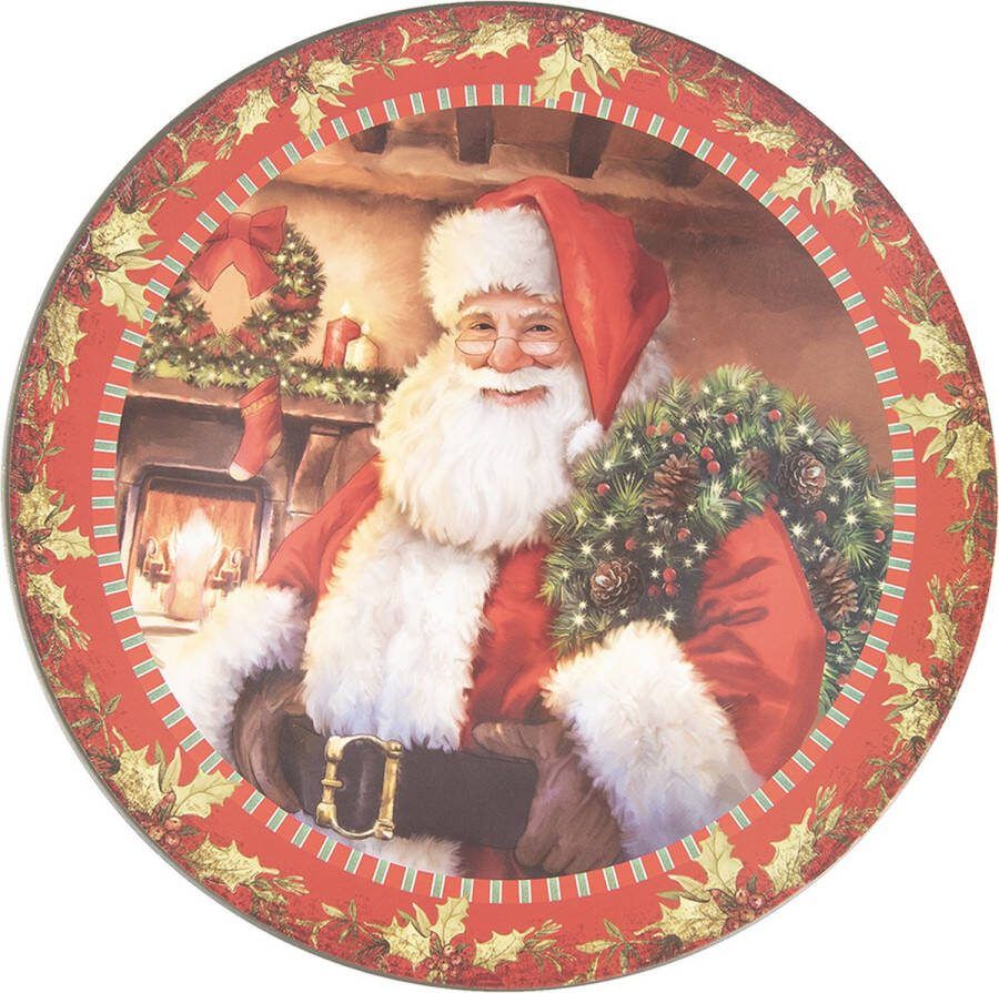 Clayre & Eef Onderbord Ø 33 cm Rood Groen Kunststof Kerstman Kerstbord Rood Kerstbord