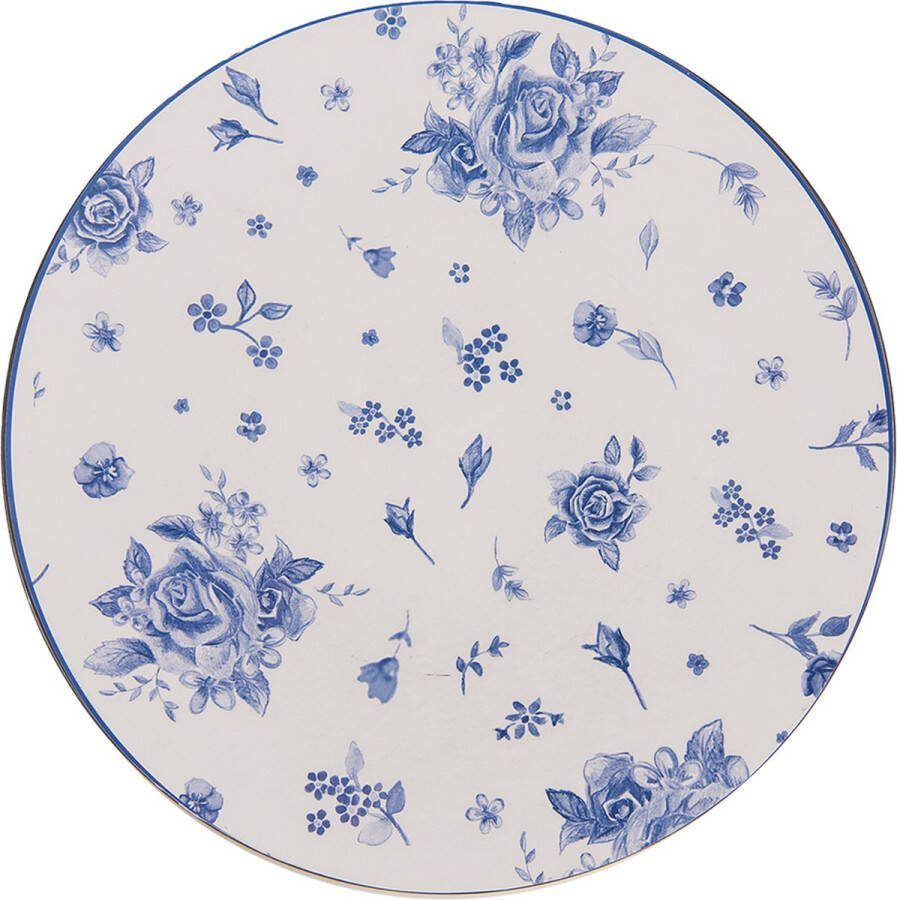 Clayre & Eef Onderbord Ø 33 cm Wit Blauw Kunststof Roosjes Blauw