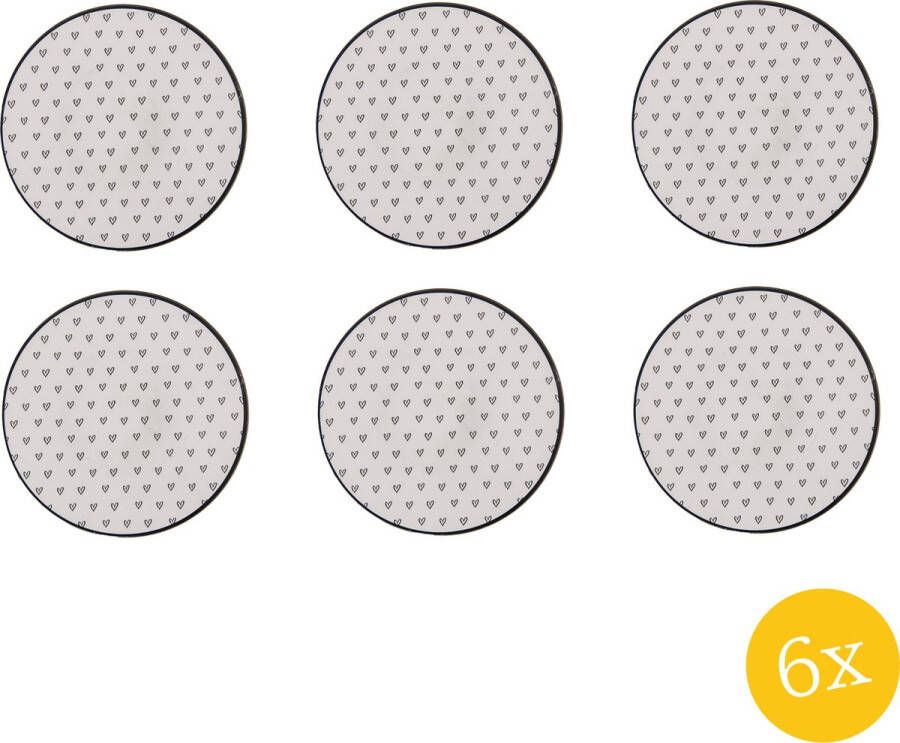 Clayre & Eef Onderbord set van 6 stuks Ø 33 cm Wit Zwart Kunststof Hartjes