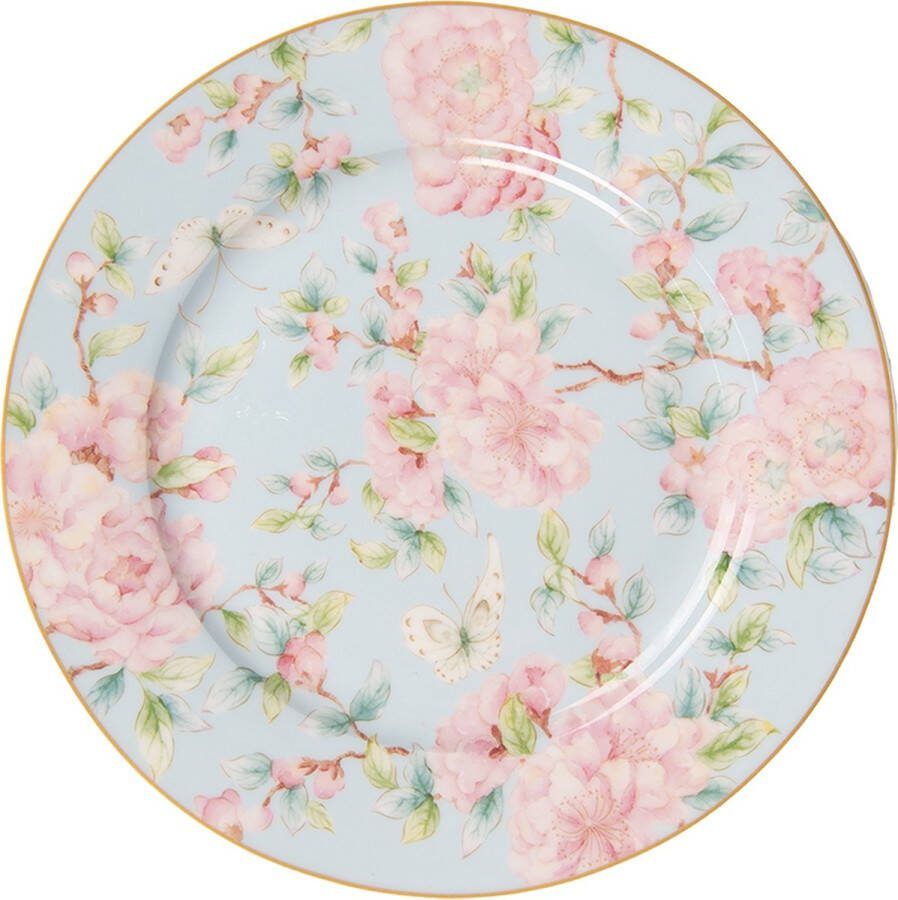 Clayre & Eef Ontbijtbord Ø 19 cm Groen Roze Porselein Bloemen Bord Groen Bord