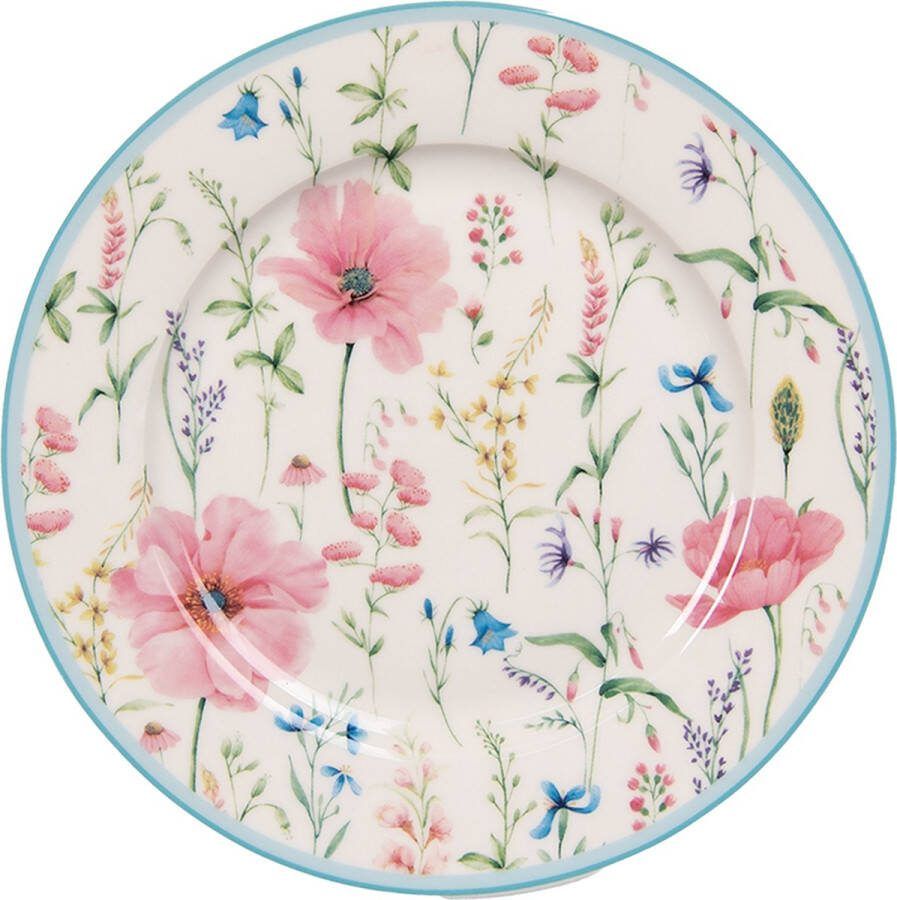 Clayre & Eef Ontbijtbord Ø 19 cm Wit Roze Porselein Bloemen Bord Wit Bord