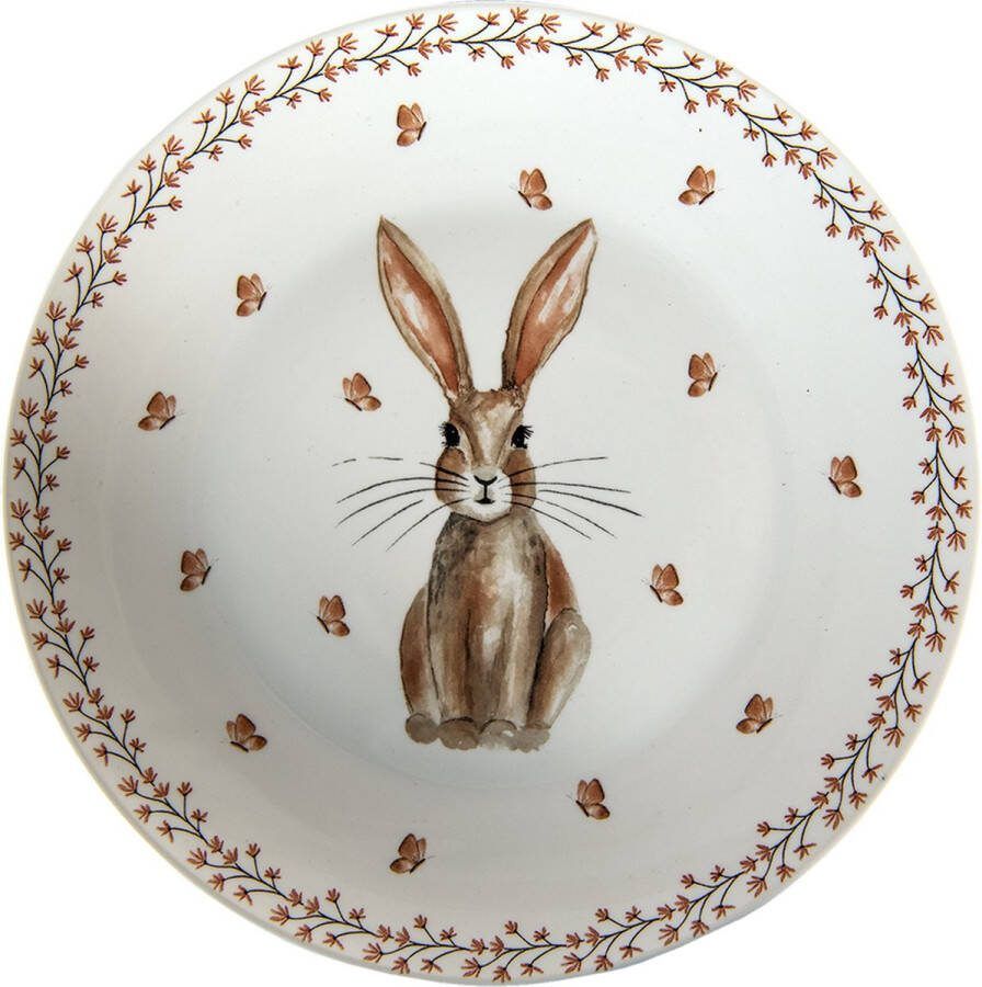 Clayre & Eef Ontbijtbord Ø 20 cm Beige Bruin Porselein Rond Konijn Bord Beige Bord