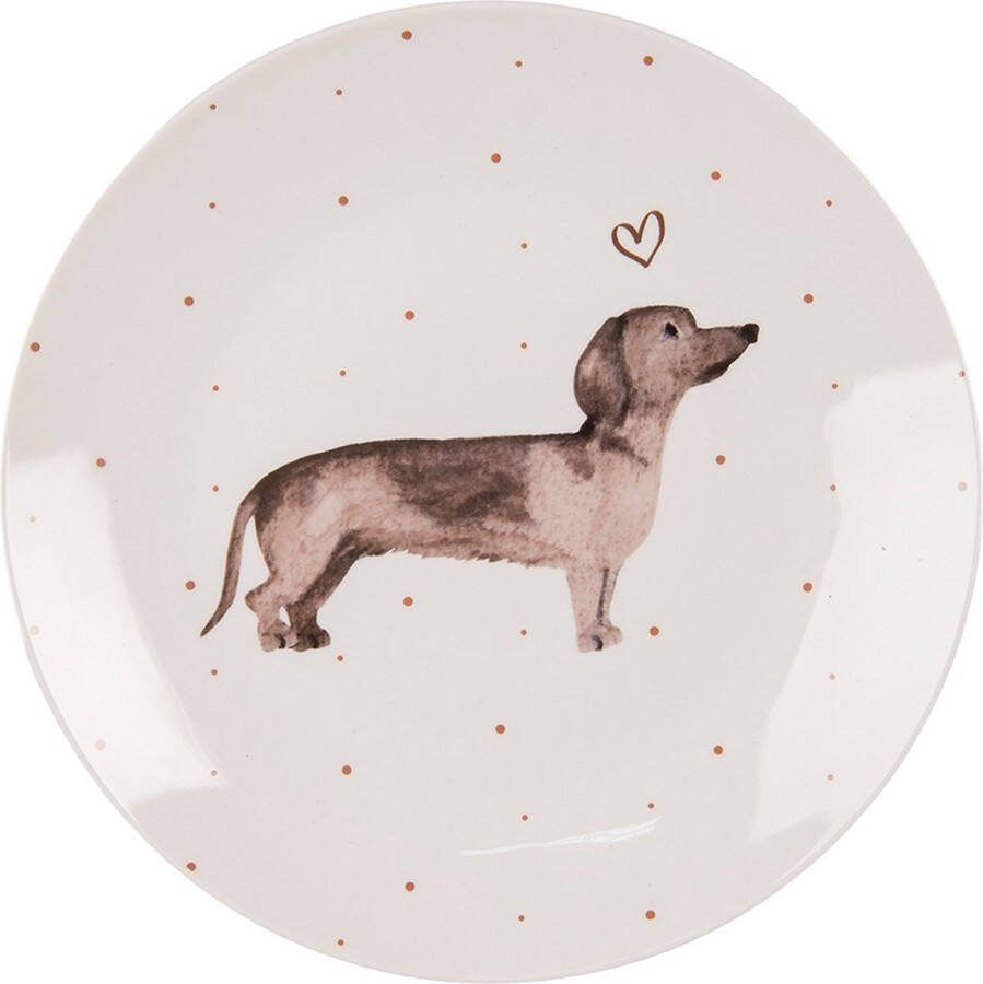 Clayre & Eef Ontbijtbord Ø 20 cm Beige Bruin Porselein Teckel Bord Beige Bord