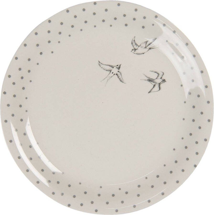 Clayre & Eef Ontbijtbord Ø 20 cm Beige Grijs Keramiek Rond Vogels Bord