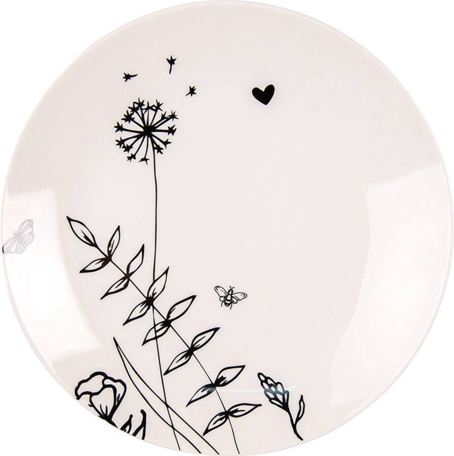 Clayre & Eef Ontbijtbord Ø 20 cm Beige Zwart Porselein Rond Bloemen Bord Beige Bord
