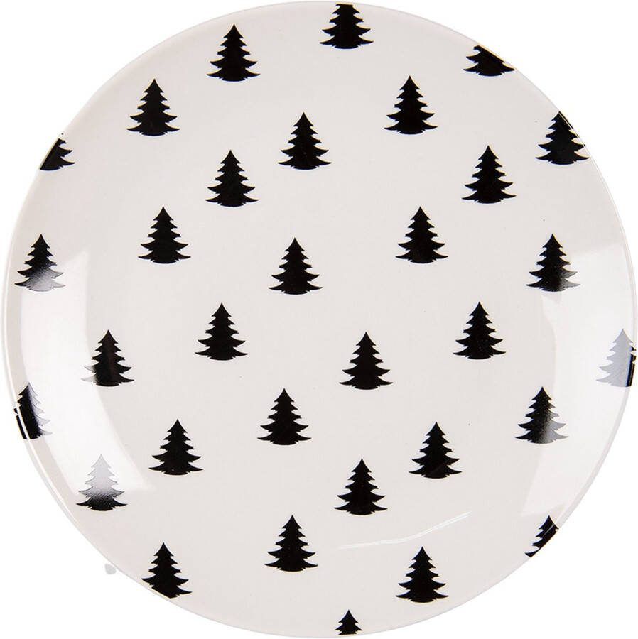 Clayre & Eef Ontbijtbord Ø 20 cm Beige Zwart Porselein Rond Kerstboom Bord Beige Bord