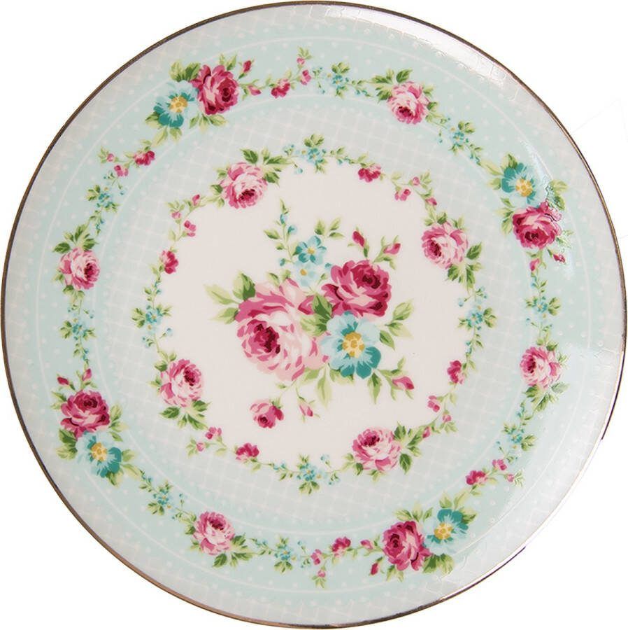Clayre & Eef Ontbijtbord Ø 20 cm Groen Wit Porselein Bloemen Bord Groen Bord