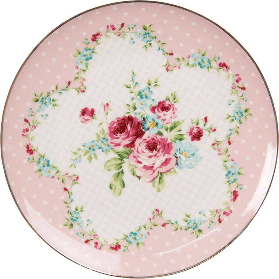 Clayre & Eef Ontbijtbord Ø 20 cm Roze Wit Porselein Bloemen Bord Roze Bord