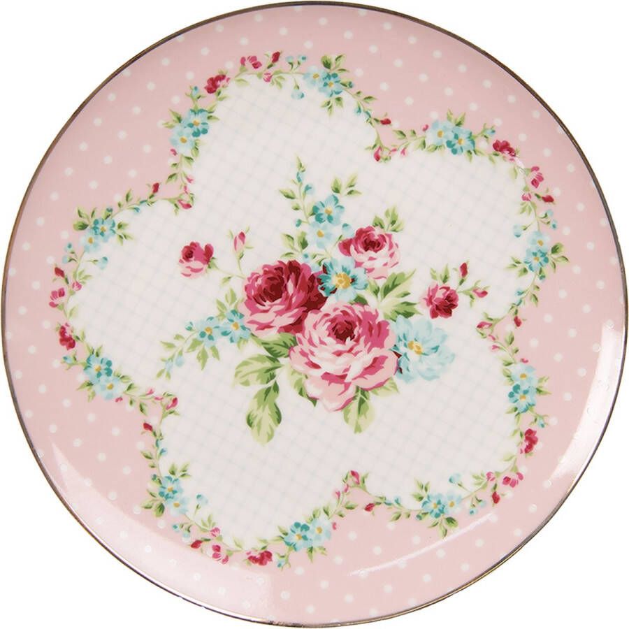 Clayre & Eef Ontbijtbord Ø 20 cm Roze Wit Porselein Bloemen Bord Eetbord Klein bord