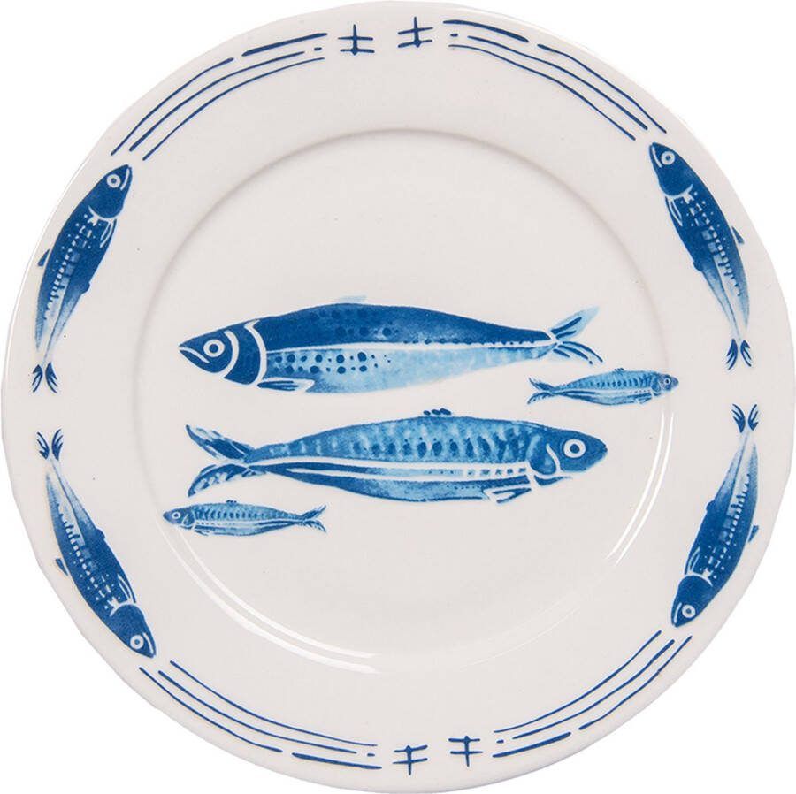 Clayre & Eef Ontbijtbord Ø 20 cm Wit Blauw Porselein Vissen Bord Wit Bord