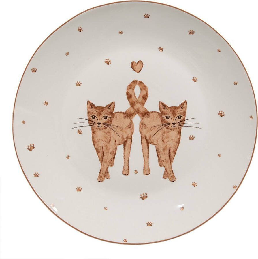 Clayre & Eef Ontbijtbord Ø 20 cm Wit Bruin Porselein Katten Bord Wit Bord